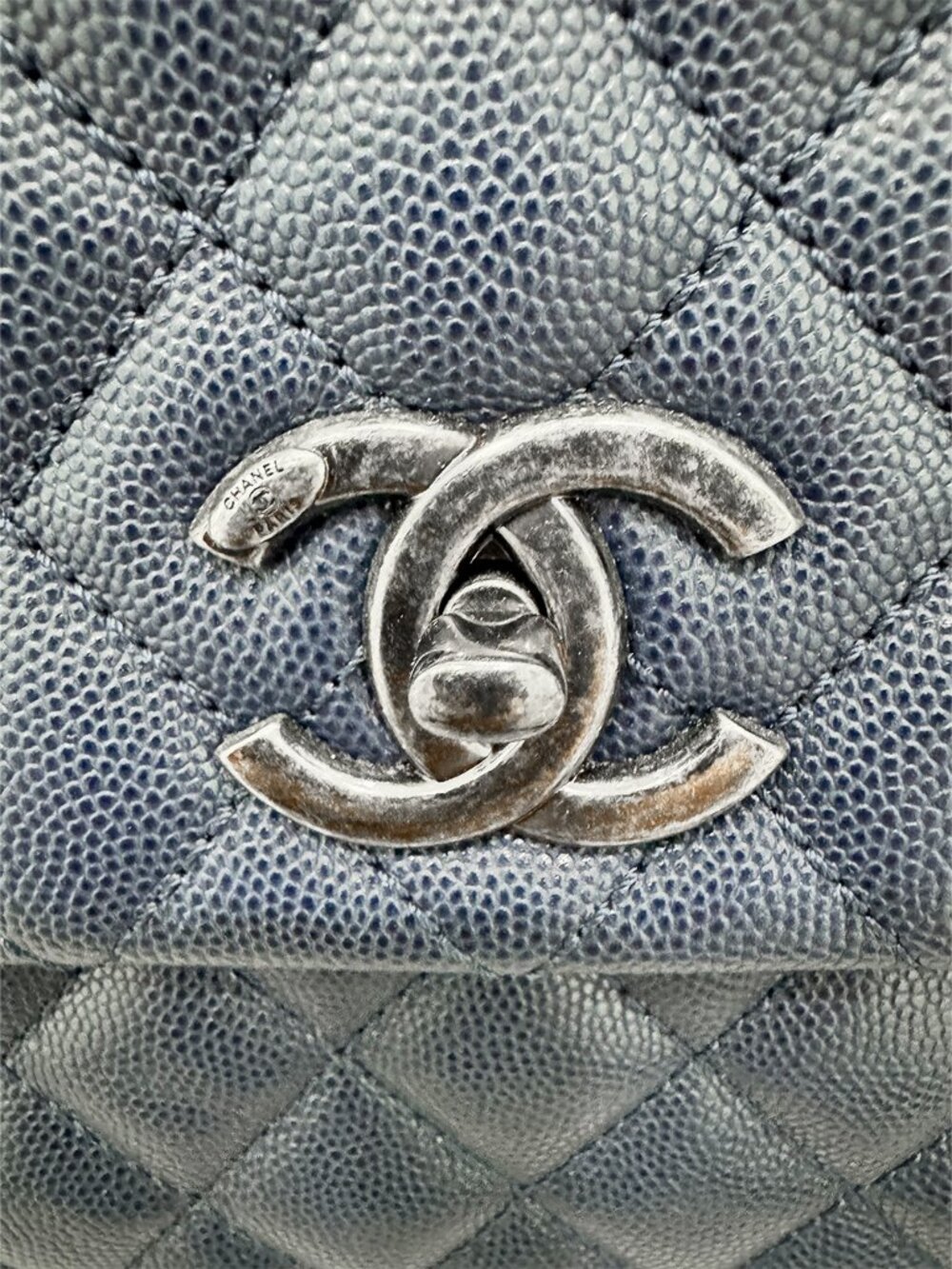 Like New Chanel Navy/Burgundy Quilted Caviar Leather Coco Lizard Handle Bag - Picture 10 of 13